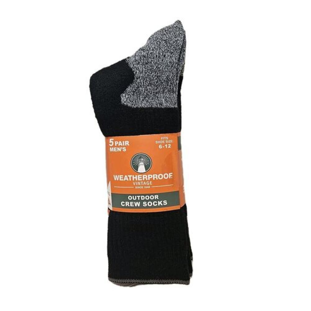 Weatherproof 5 pack Outdoor Wool Blend Crew Sock‎ Size 6-12 Black Gray Heel /New
